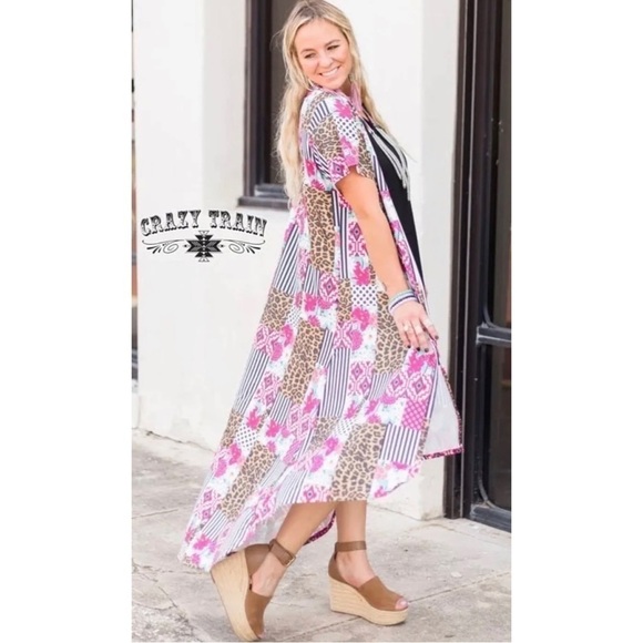 Crazy Train Women Sz M Patchwork Duster Jacket Long Cardigan Leopard Print Pink - Picture 3 of 10